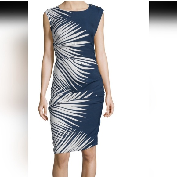 Veronica Beard Mojorra Palm Print Midi Dress Ruched Sheath 8 - Picture 1 of 5